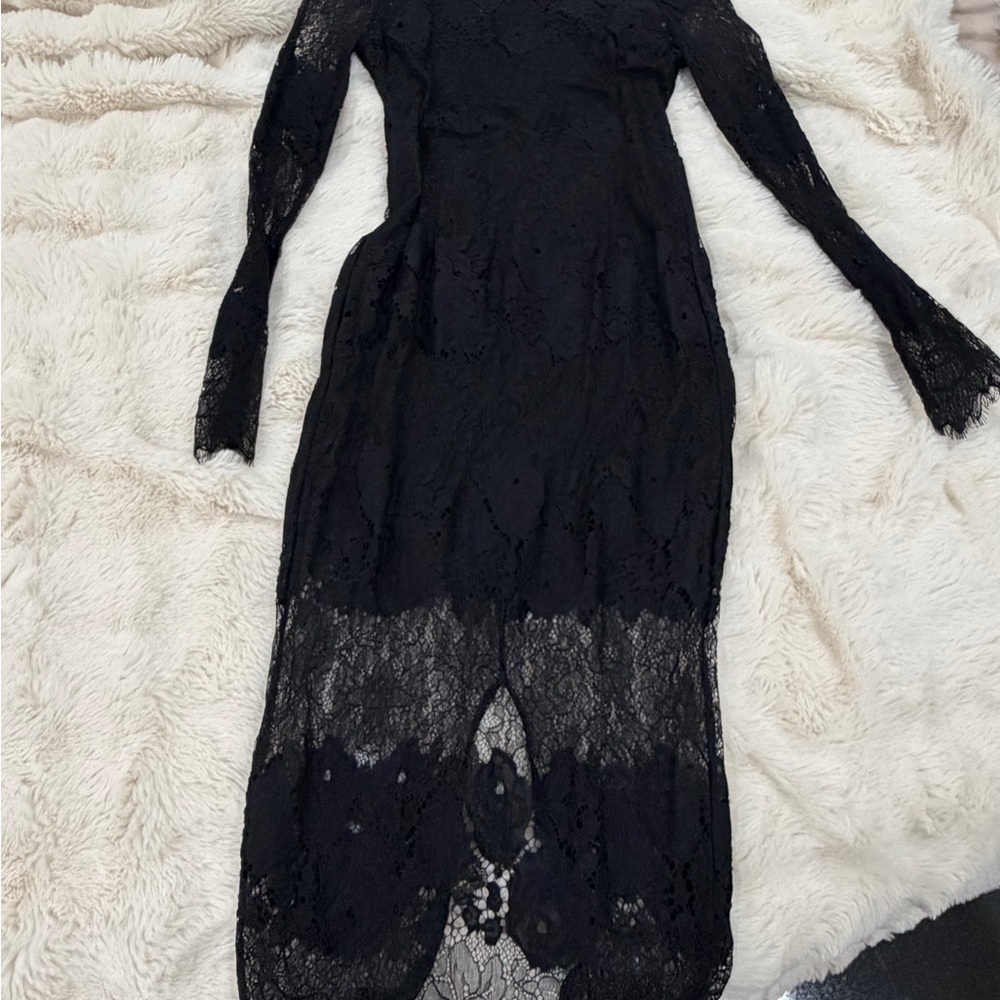 Black Lace Long-Sleeve Midi Dress